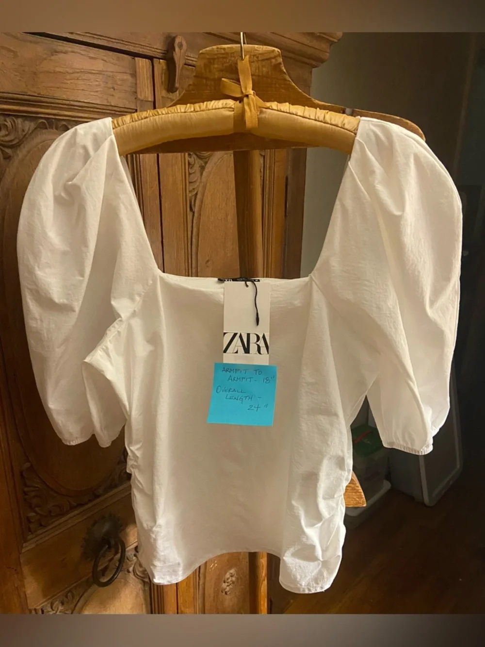 ZARA White Puff-Sleeve Square Neck Top, M